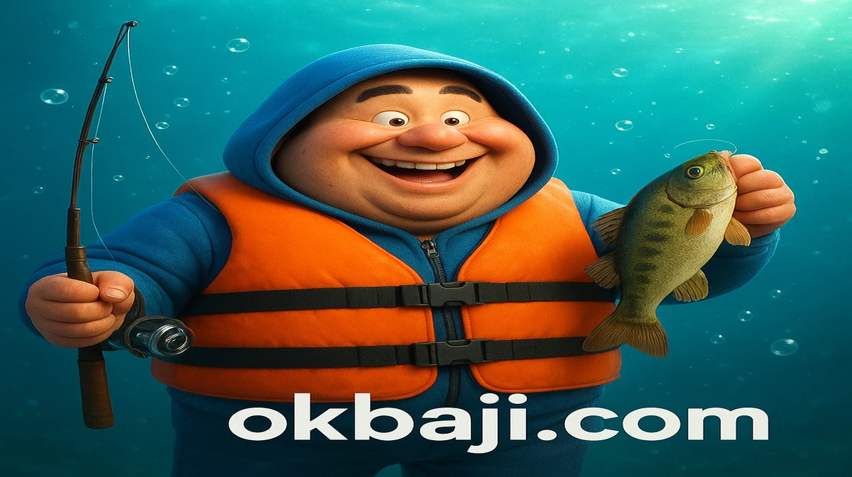 ok baji-তে উপলব্ধ বিগ বাস মাছধরা-থিমযুক্ত কার্টুন চরিত্রটি পানির নিচে একটি মাছ ও একটি মাছ ধরার লাঠি গর্বের সঙ্গে ধরে আছে।